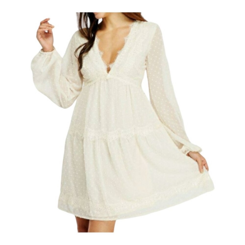 Lulus Wistful Moment White Swiss Dot Lace Long Sleeve Dress size M